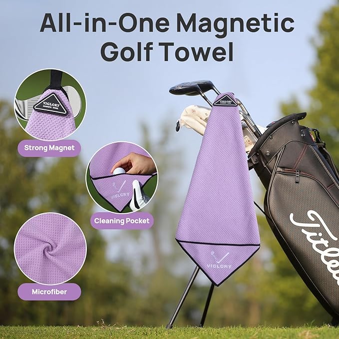 Magnetic Golf Towel for Bag 18" x 18" with Clip Exclusive Cleaning Pocket Microfiber Waffle Ultra Absorbent Club Ball Cleaner, Essential Golf Accessories and Gifts for Men Women(Purple 1 Pack)