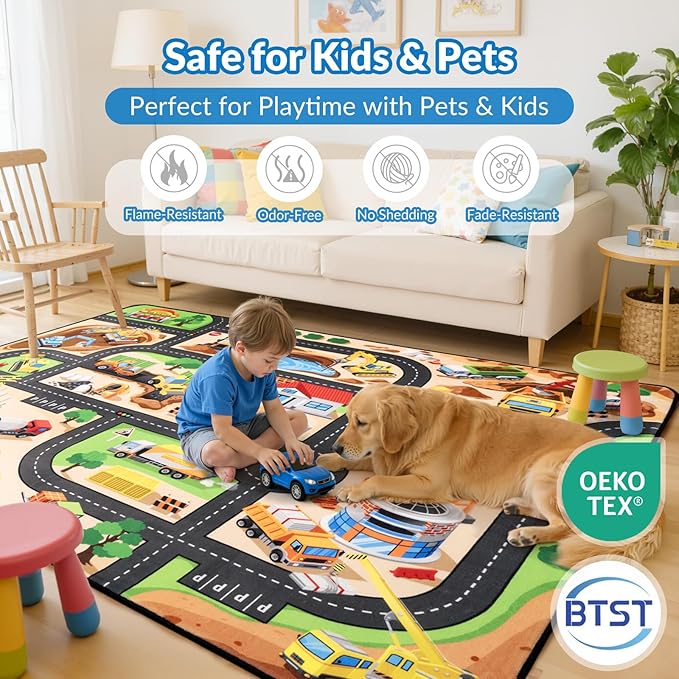 Kids Rug, 4x6 FT Construction Site Car Rug Play Mat, Soft & Durable, Non-Slip, Machine Washable, Cartoon Construction Site Pattern Car Carpet Playmat for Kids Room, Playroom & Nursery