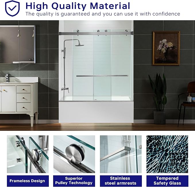 Woodbridge Frameless Bathtub Shower Doors 56-60" Width x 66" Height with 5/16"(8mm) Clear Tempered Glass, 2 Ways Opening & Double Sliding in Brushed Nickel Finish