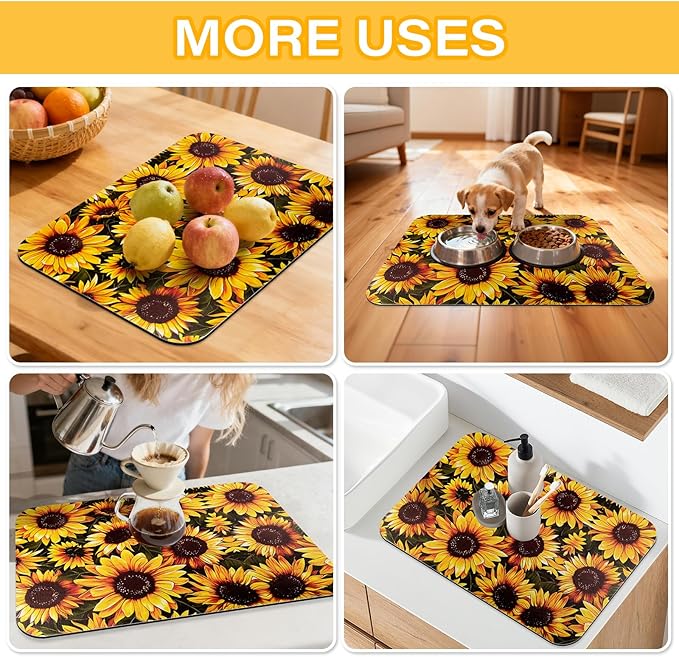 Sunflower Dish Drying Mat 24" x 16" for Kitchen Counter Coffee Mat Bar Accessories,Fit Uder Pot, Dish Rack,Hide Stain,Absorbent Easy Clean