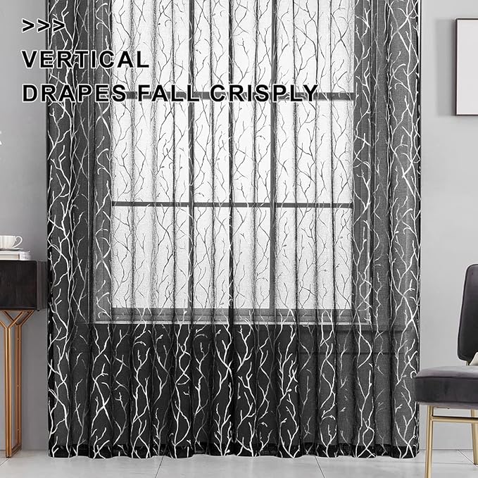 FINECITY Curtains, 2 Pair Black Silver Sheer, 52 x 84 Inch, Rod Pocket, Living Room, Tree Branch Pattern