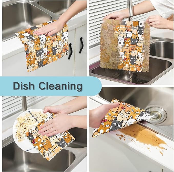 ALAZA Dish Towels - Funny Kittens Cat Dish Cloths, Super Absorbent, Lint Free, Soft Towel Kitchen Accessories Set of 6, 11"x11"