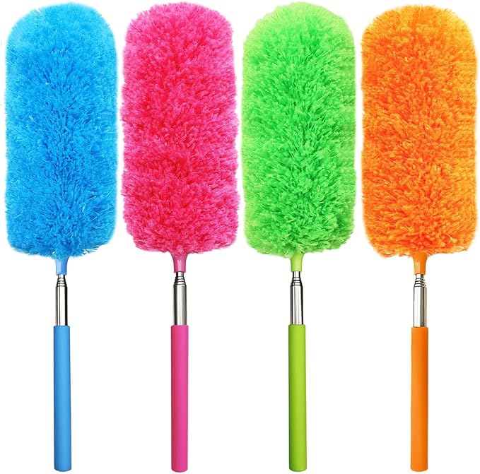 4 Pcs Washable Microfiber Feather Duster, with Extendable Pole and Bendable Head, Microfibre Cleaning Tool for Cleaning Office, Car, Computer, Furniture, Sofa