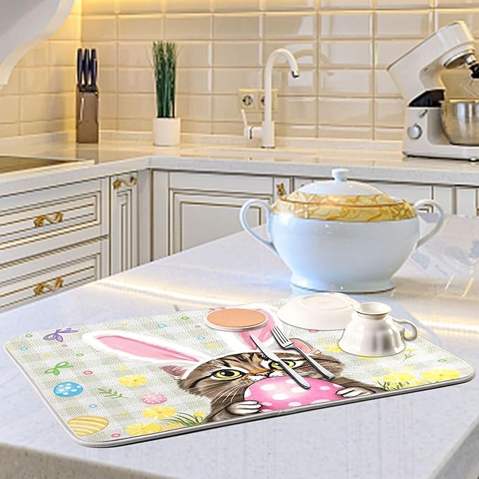 Happy Easter Day Pink Dish Drying Mat Quick Absorbent 16x18 Easter Bunny Rabbit Eggs Butterfly Lily Flowers Kitchen Drying Mat for Countertop Sink Reusable Dishes Mats Kitchen Essentials