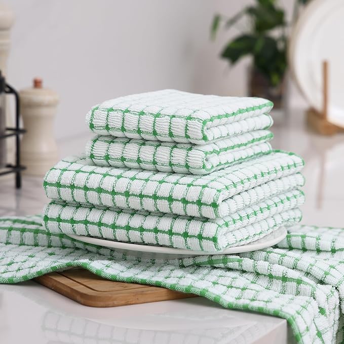Homaxy Kitchen Towels and Dishcloths Set, 16 x 25 and 12 x 12 Inches, Set of 8 Cotton Terry Kitchen Dish Towels, Super Soft and Absorbent Dish Cloths, Green