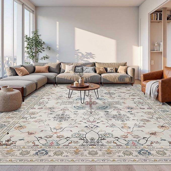 10x14 Rugs for Living Room & Bedroom,Floral Washable Rug,Boho Area Rug, Large Non Slip Low Pile Wool Carpet for Indoor Dining Room,Girls Room,Nursery Room and Kids Room(Grey 10x14ft)