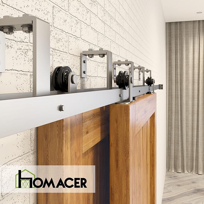 Homacer Brushed Nickel Double Track U-Shape Bypass Sliding Barn Door Hardware Kit, for Two/Double Doors, 5ft Long Flat Track, T-Shape Design Roller