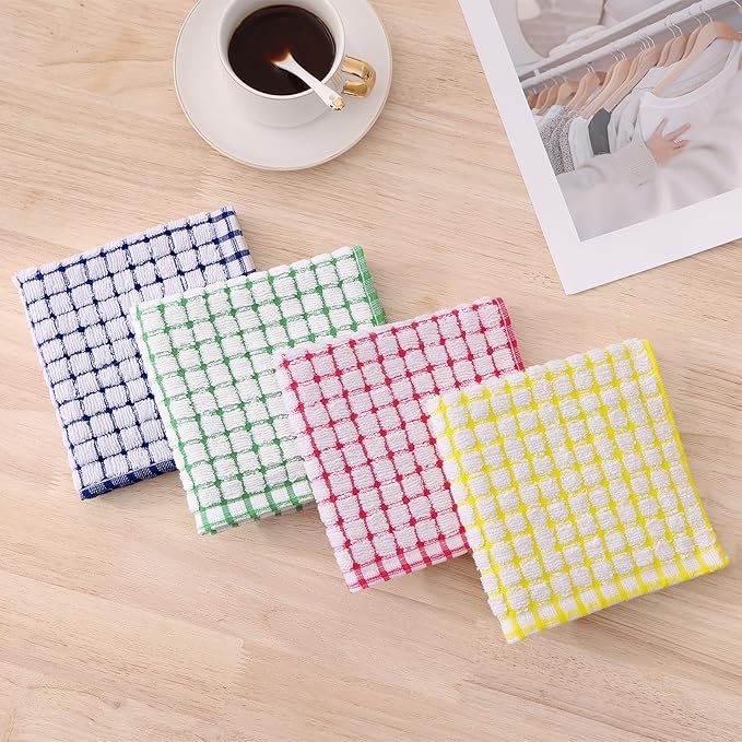 Kitinjoy Cotton 12 Pack Terry Kitchen Dish Cloths, 12 x 12 Inches Super Soft and Absorbent Dish Rags, Quick Drying Dish Towels for Washing Dishes, Mixed Color