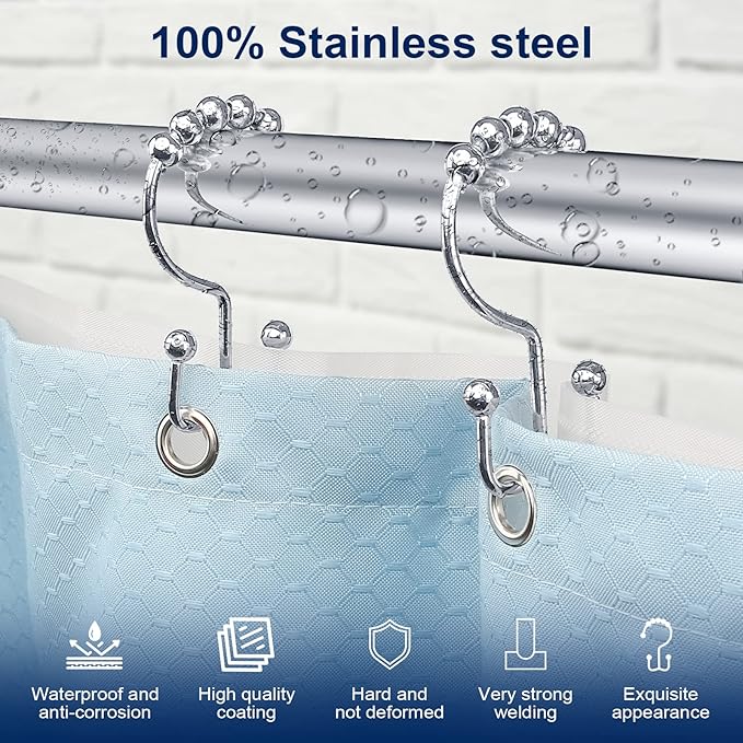 Shower Curtain Hooks,Sturdy Stainless Steel Double Sided Shower Hooks Rings for Bathroom Shower Curtain Rods Curtains Set of 12 Hooks - Chrome