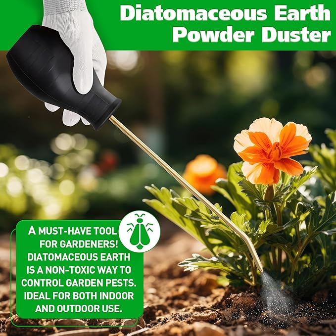 Diatomaceous Earth Powder Duster, 8OZ Garden Powder Applicator Dispenser with Long Metal Tube, Bulb Duster Sprayer for Home Organic Gardening Agricultural Supply (Black,1 Pack)
