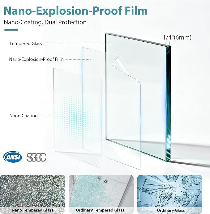Frameless Pivot Shower Door 30"-32" Wx72 H,1/4"(6mm) Clear Nano Coated (SGCC) Tempered Glass,Reversible Swing Shower Door for Walk-in Shower,Modern Brushed Nickel Finish