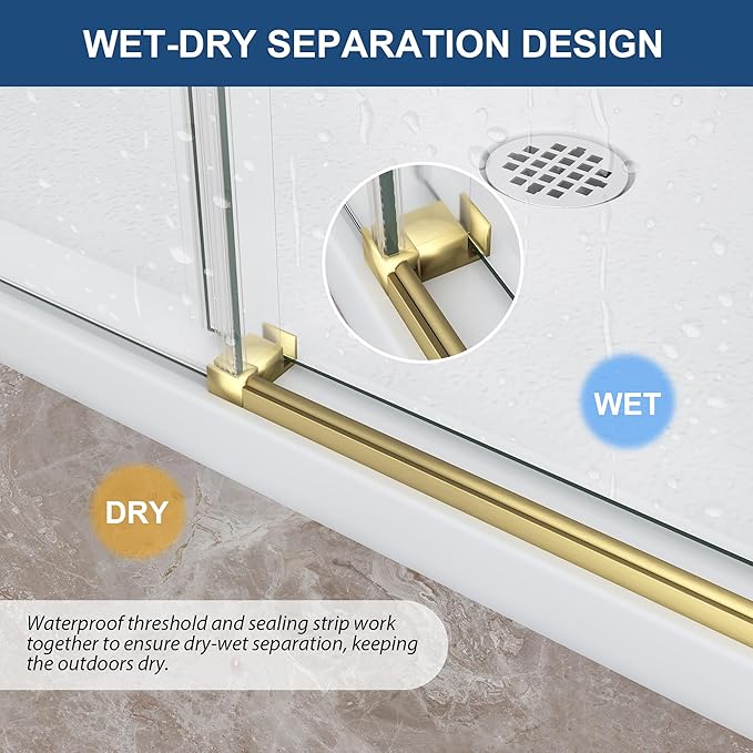 Frameless Shower Door,5/16" (8mm) Glass Sliding Shower Door with Soft-Close & Anti-Leak,Nano Coating Anti-Explosion Film SGCC Tempered Glass 49"-54" X 76"H,Brushed Gold