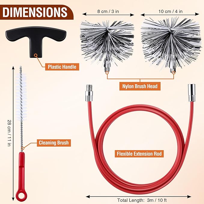 Feekoon Pellet Stove Cleaning Kit, 10 FT Flexible Steel Rod with 3" & 4" Brush Head, Flue Detail Cleaner, Pellet Stove Accessories for Vent Pipes Cleaning - Reduce Buildup & Improve Airflow