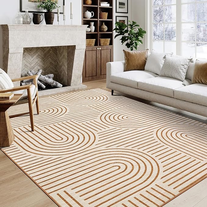 Washable Rug 5x7 Area Rugs for Living Room, Abstract Rug for Bedroom, Soft Rainbow Non Slip Throw Rugs with Rubber Back, Low Pile Stain Resistant Boho Geometric Carpet for Dining Room,Orange