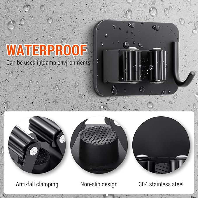 Batur 4 Pack Broom Holder Wall Mount, Super Anti-Slip Mop and Broom Holder Wall Mount, Self Adhesive Broom Organizer Hanger Gripper for Bathroom, Kitchen, Laundry Room Storage, Black