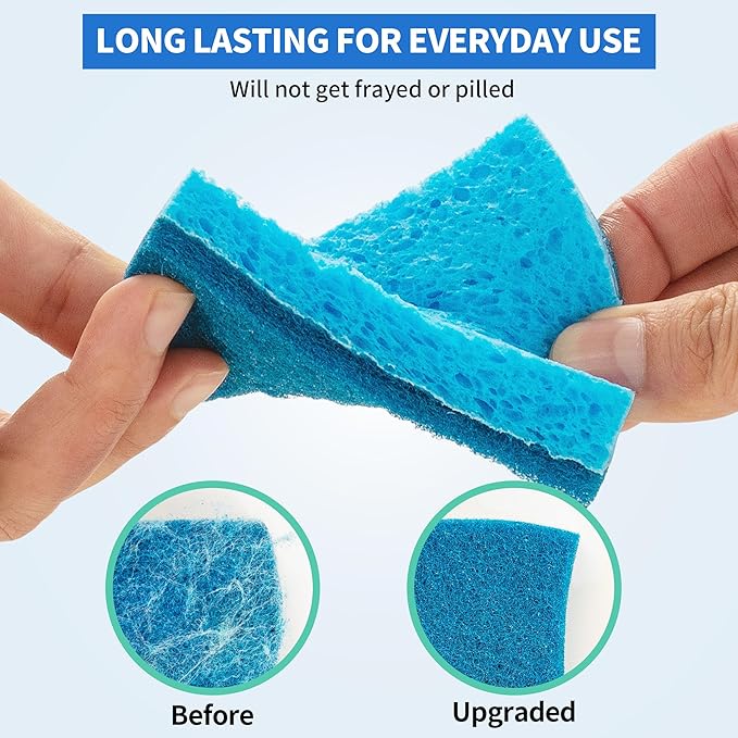 HOMERHYME Non-Scratch Cellulose Scrub Sponges 24 Pack, Kitchen Sponge with Double-Side & Ergonomic Design. Sturdy Sponge for Dishes, Coated Cookware, Sink, Countertops.