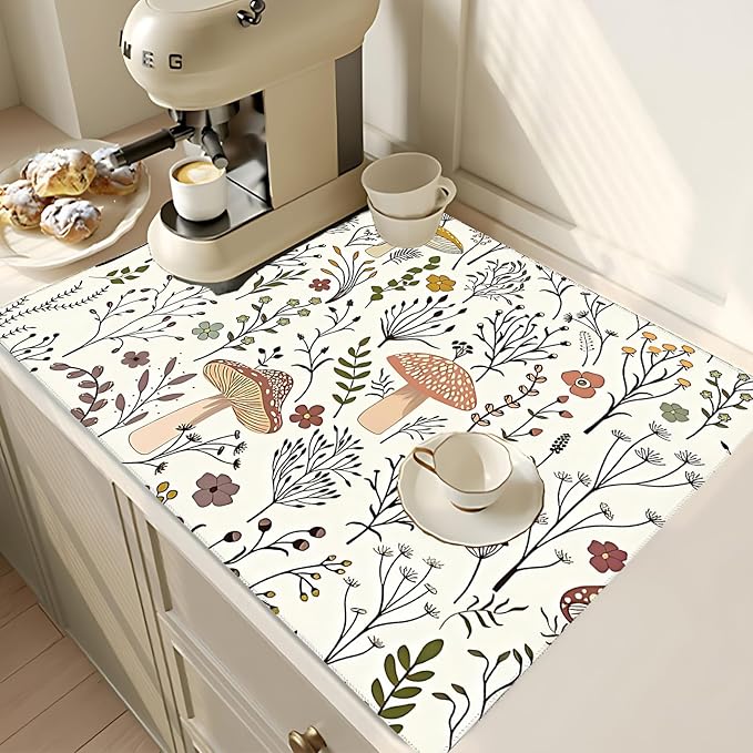 Cute Mushrooms Dish Drying Mat 18x24 inches Microfiber Absorbent Fast Dry Mat for Kitchen Counter Coffee Bar Mushrooms Plants Large Drying Mat Kitchen Decor Gifts (Cute Mushrooms, 18x24 inches)