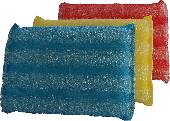 Superio Heavy-Duty Scrubber, Hand-Friendly Kosher PotScrubber for Non-Scratch Dish Washing (Yellow-Blue-Red/Pink)