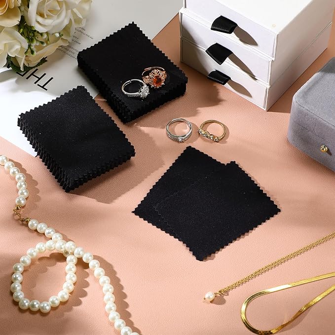 Tatuo 200 Pieces Jewelry Polishing Cloth 2.36 x 3.15 Inch Double-Sided Polishing Cloths Silver Glasses Cleaning Tools for Gold Silver and Platinum Jewelry Watch Coins Glasses(Black)