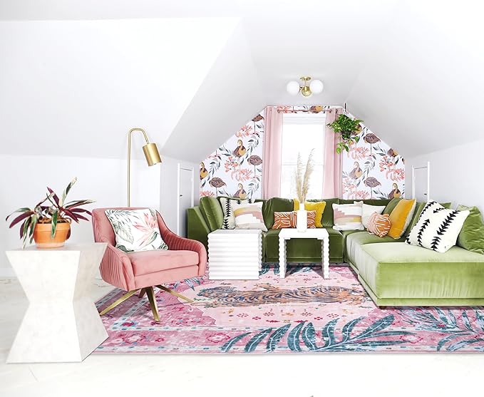 9x12 FT Leopard Rug for Living Room Pink Leopard Vintage Animal Rug Aesthetic Pink Rugs for Girls Room Nursery Bedroom Home Office Dorm Thin Bright Magenta Carpet (Light Pink, 9X12 FT)