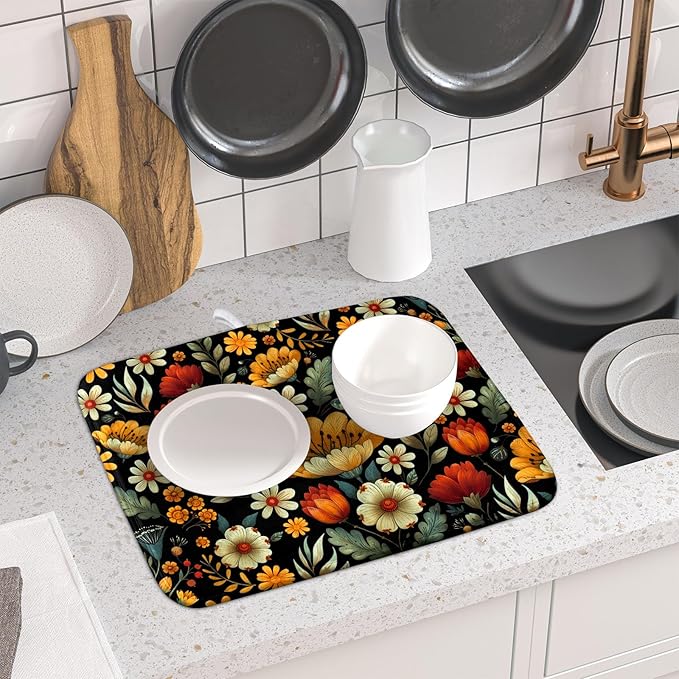 Vintage Boho Floral Dish Drying Mat for Kitchen Counter,Yellow Beige Black Spring Flower Drying Mat 16 x18 Inch with Absorbent Reversible Microfiber Drying Pad for Coffee Bar