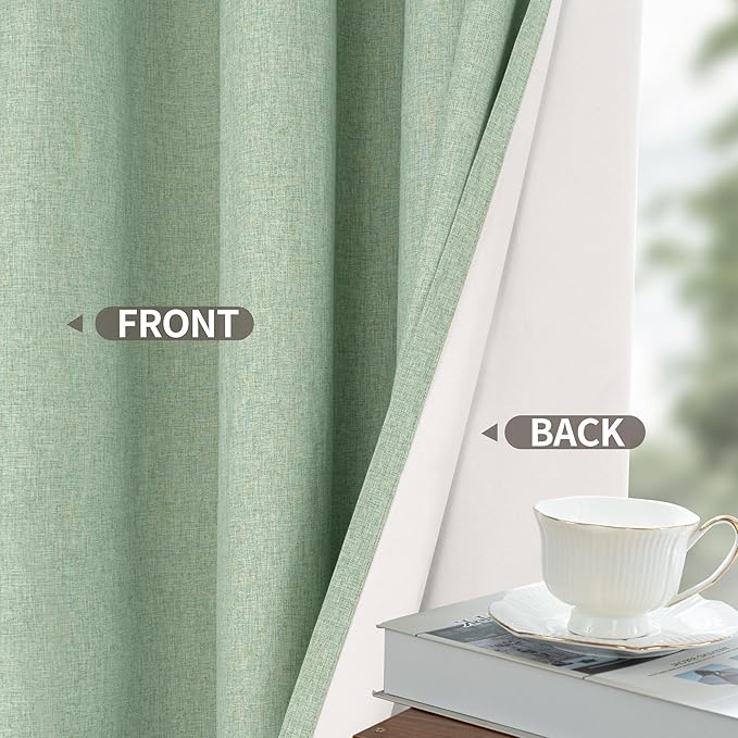 YoungsTex 45 Inch Length Linen 100% Blackout Curtains, Short Thermal Insulated Drapes with Grommet for Bedroom Living Room Window, Light Green, 2 Panels, 42 X 45 Inch