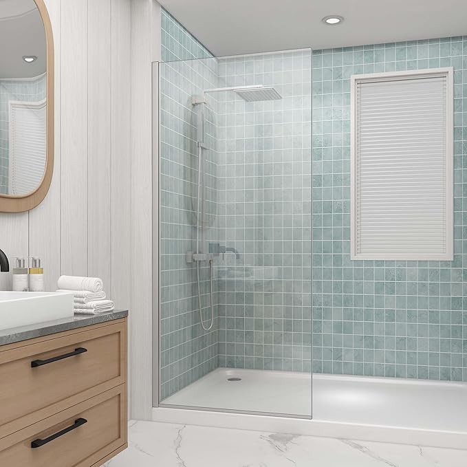 Sunrosa 32"×76" Shower Glass Panel,8mm Thick Shower Screen,Brushed Nickel Semi-Frameless Bathroom Shower Door, Easy to Clean
