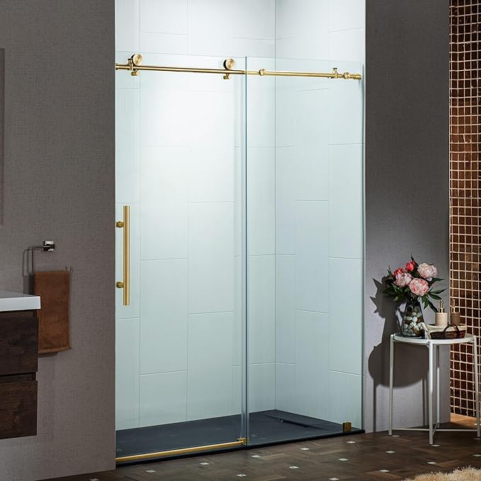 Woodbridge Frameless Single Sliding Shower Doors in Brushed Gold Finish, 45.5-48" Width x 76" Height with 3/8"(10mm) Clear Tempered Glass, Soft Close System and Explosion-Proof Film, BSDC4876-BG