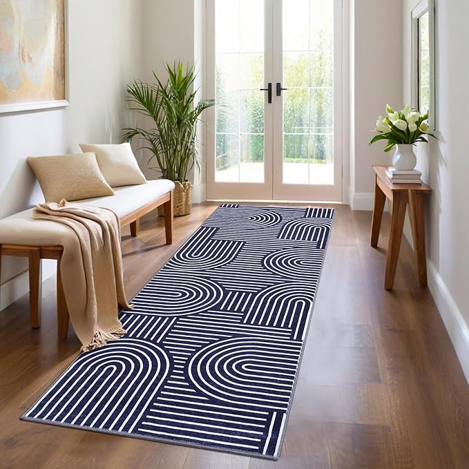 Modern Rug 2x6 Runners for Hallways, Abstract Kitchen Runner Rugs Non Slip Bath, Rainbow Washable Runner Rug for Bedroom, Soft Long Rugs for Entryway Bathroom Laundry Dorm, Blue