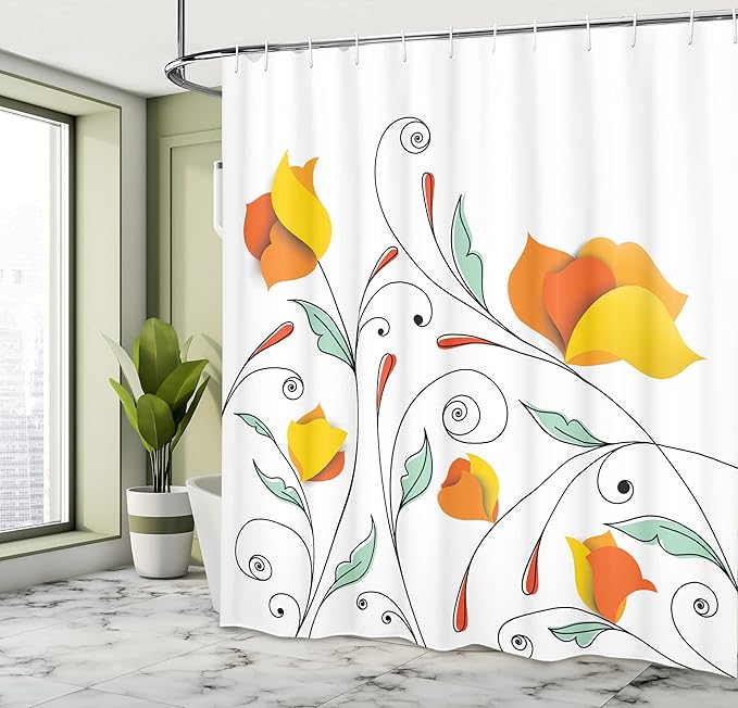 Ambesonne Floral Shower Curtain, Bouquet with Swirled Branches Romantic Paper Flowers Origami Autumn Blooms Image, Cloth Fabric Bathroom Decor Set with Hooks, 69" W x 70" L, Mint Orange