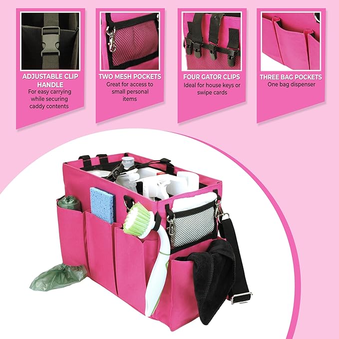 Blue Lilly Large Capacity Durable Cleaning Caddy Bag with Adjustable Straps - Cleaning Bags for Housekeepers, Pink Color, Easy to Assemble & Clean - The Ultimate Cleaning Bag Solution