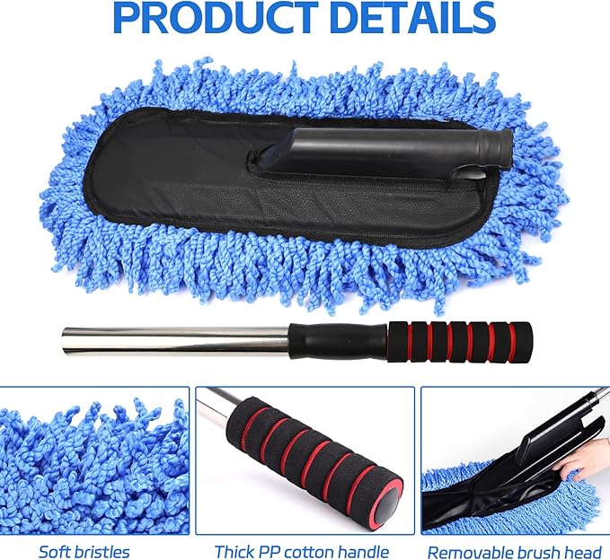 Wuyaoyao 2PCS Car Duster Set, Soft Microfiber Car Duster Interior Exterior, Scratch Free Auto Cleaning Brush with Extendable Handle, Multipurpose Dusting Tool for Auto Office Home Furniture (Blue)