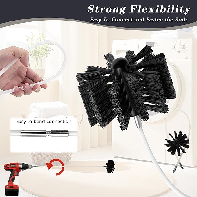 Chimney Sweep Kit Chimney Brush Kit Chimney Cleaning Kit, 16FT Dryer Vent Cleaner Kit Duct Cleaning Tools, Dryer Vent Cleaning Kit Fireplace Chimney Brushes-12pcs Flexible Rods, 2pcs 6in Chimney Brush