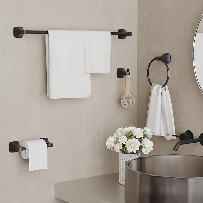 4 Pieces Bathroom Hardware Accessories Set Towel Bar Towel Holder Robe Hook Toilet Paper Holder Stainless Steel and Zinc Alloy Wall Mount
