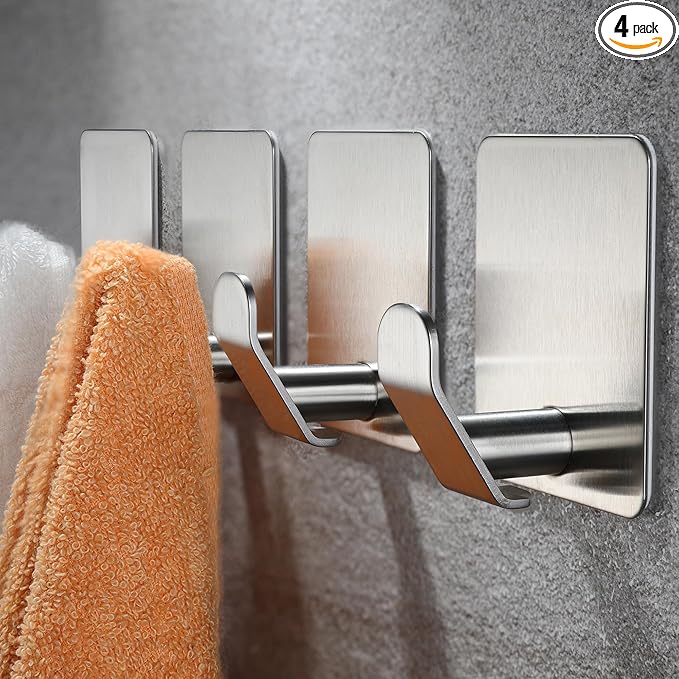 YIGII Adhesive Towel Hooks, Strong Stick on Bathroom Hooks for Robe and Coat, Stainless Steel Wall Hook for Kitchen and Bedroom, 4 Pack