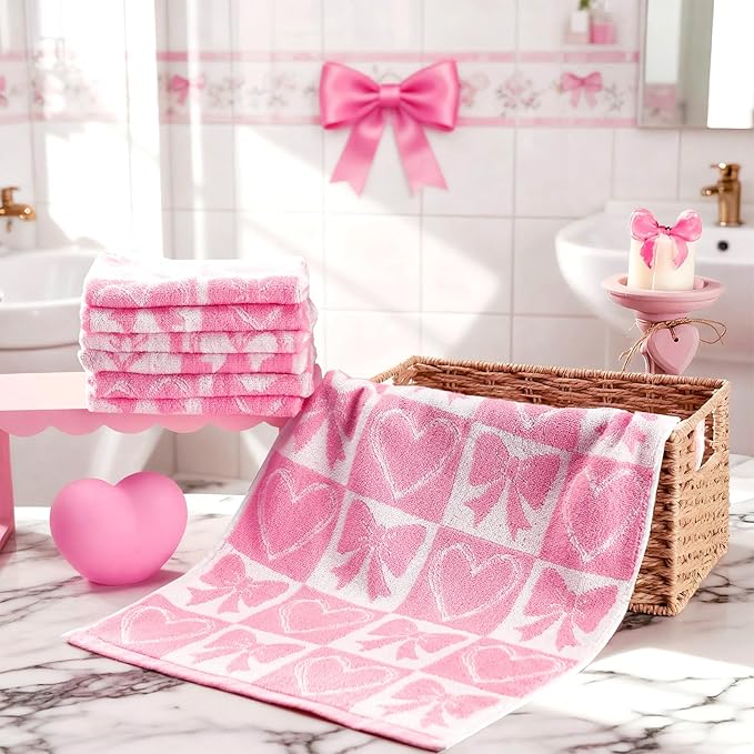 Frienda 4 Pcs Pink Bow Hand Towels for Bathroom 13 x 29'' Soft 100% Cotton Valentines Day Decorative Towel Coquette Bow Kitchen Decor Absorbent Pink Preppy Bathroom Decor Bridal Shower Wedding Gift