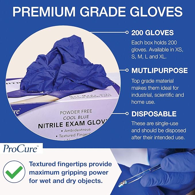 ProCure [200 Count] Disposable Nitrile Gloves - Latex Free, Powder Free Medical Exam Gloves