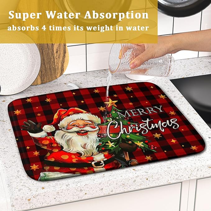 Merry Christmas Santa Claus Red Buffalo Plaid Dish Drying Mat for Kitchen Counter,Winter Snowflake Xmas Tree Drying Mat 16 x 18 Inch with Absorbent Reversible Microfiber Dish Drying Pad for Coffee Bar