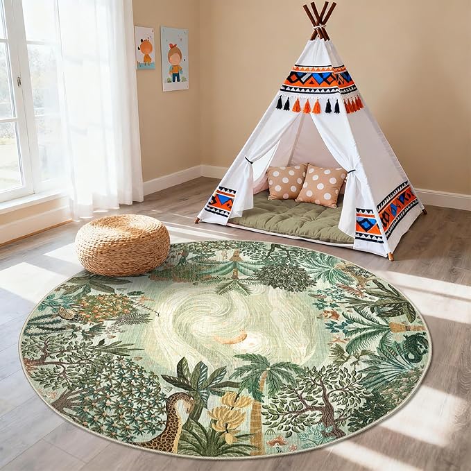 GarveeHome Round Area Rugs 8ft for Living Room, Large Green Jungle Washable Circle Rug Soft Non Slip Forest Animal Print Floor Mat Tiger Carpet Indoor Thin Rug for Bedroom Dining Room Playroom Nursery
