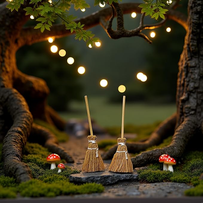 5Pcs Witch Broom, Miniature Broom Props Artificial Mini Broom Fairy Hopuse, Mini Straw Broom Fairy Micro Landscape Decoration Witch Broom Sweeping