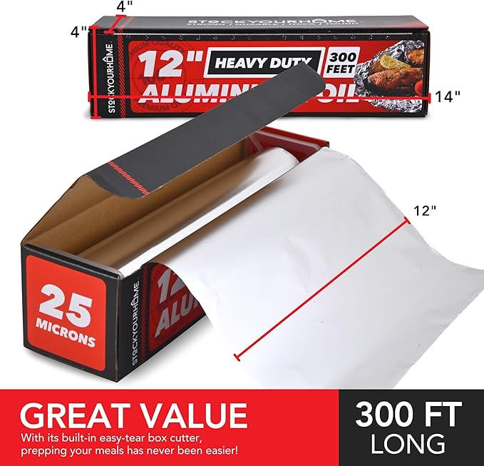 Stock Your Home Heavy Duty Aluminum Foil Roll, 300 FT x 12 Inches Wide Aluminum Foil Heavy Duty Rolls, Heavy Duty Foil with Easy Tear Dispenser, Premium Tinfoil Roll to Wrap & Store Food, Silver