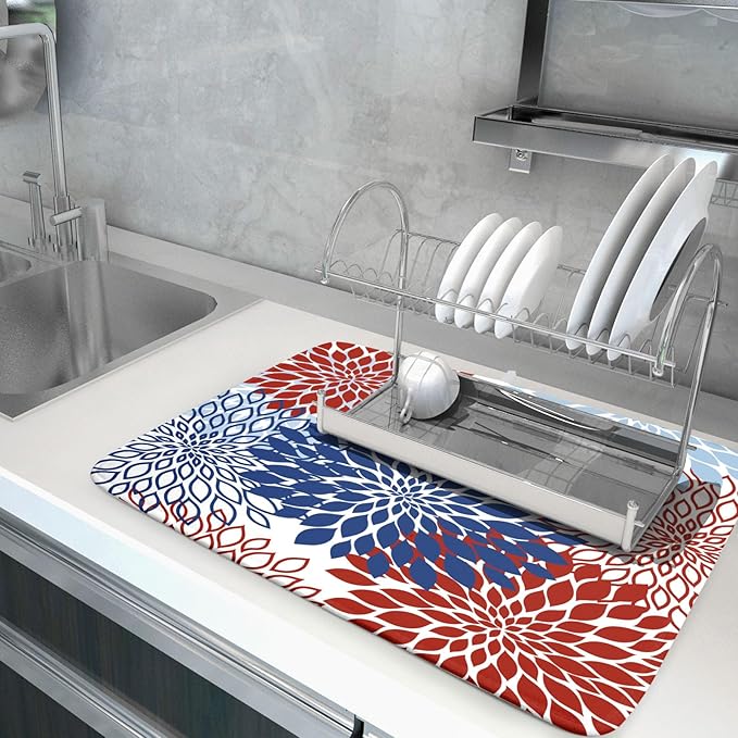 Khope 4th of July Dish Drying Mat for Kitchen Counter 18x24 Inch Patriotic Themed Navy Blue Red White Dahlia Floral Reusable Washable Modern Geometry Flower Drying Pad Countertop Home Decor