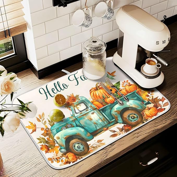 Vintage Fall Truck with Pumpkins Autumn Leaves Dish Drying Mat for Kitchen Counter Absorbent Microfiber Large Drying Pad Dish Mats for Kitchen Countertops 18 x 24 Inch