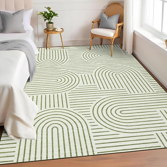 Washable Rug 5x7 Area Rugs for Living Room, Abstract Rug for Bedroom, Soft Rainbow Non Slip Throw Rugs with Rubber Back, Low Pile Stain Resistant Boho Geometric Carpet for Dining Room, Green
