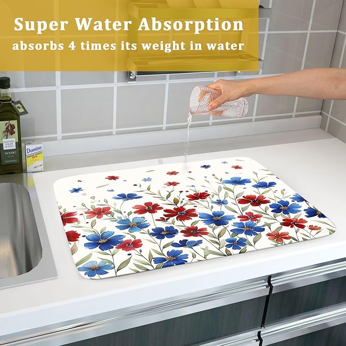 Khope 4th of July Dish Drying Mat for Kitchen Counter 18x24 Inch America Colorful Red Blue Floral Reusable Washable Memorial Day Flowers Drying Pad Countertop Home Decor