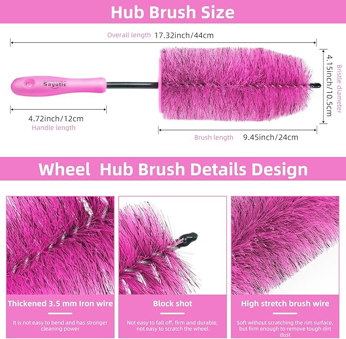 Wheel Cleaning Brush Hub Clean Tool and Rim Detailing Brush with Soft Bristles,Safe On All Wheel Types,Multipurpose Use for Wheels,Rims,Exhaust Tips,Car,Motorcycles,Truck (Pink)
