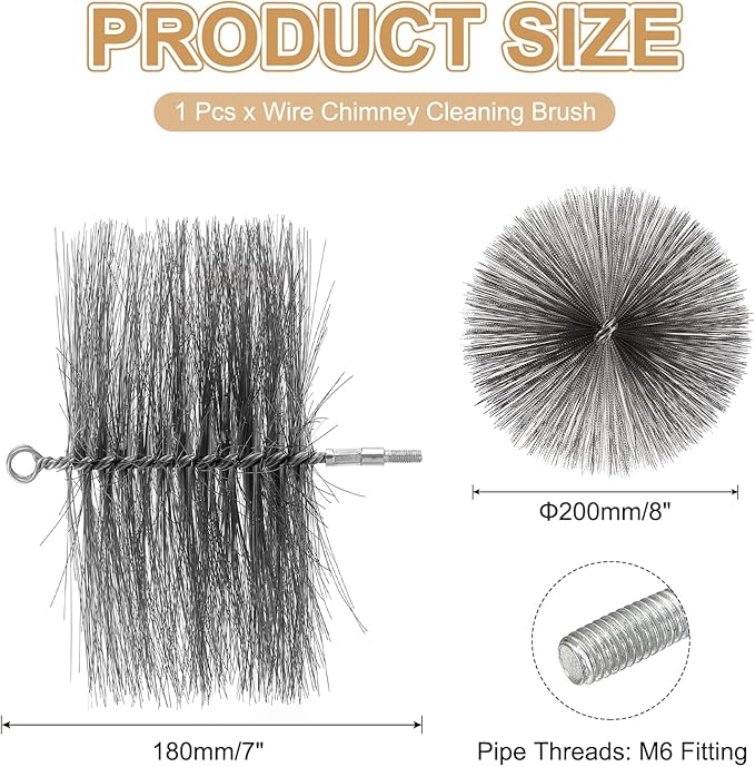 PATIKIL 8" Wire Chimney Cleaning Brush, Steel Round Chimney Sweep Brush with 1/4 NPT Fitting for Cleaning Fireplace Burning Stove Tent Dryer Pipes, Silver