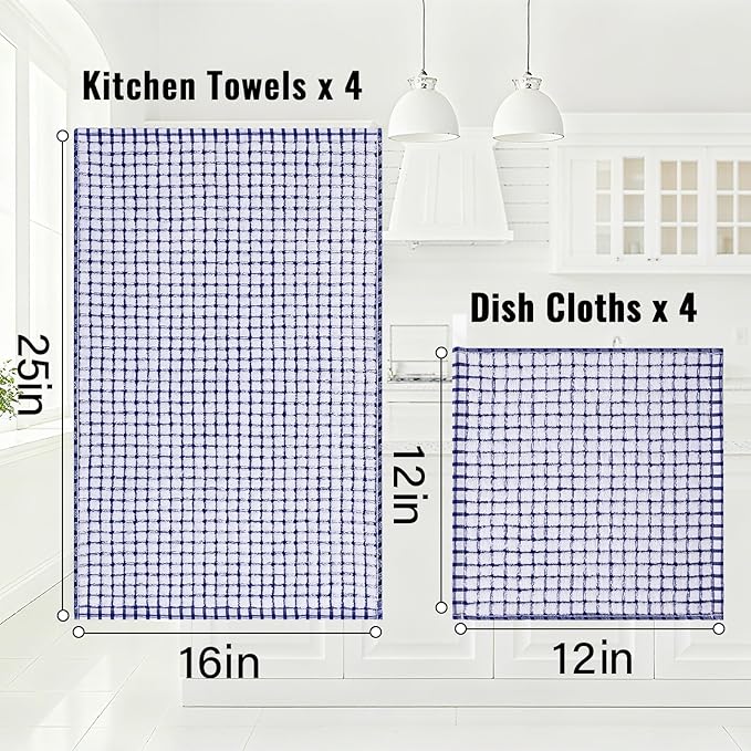 Homaxy Kitchen Towels and Dishcloths Set, 16 x 25 and 12 x 12 Inches, Set of 8 Cotton Terry Kitchen Dish Towels, Super Soft and Absorbent Dish Cloths, Blue