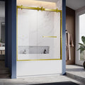 56"-60" W X 66" H Double Sliding Bathtub Door with Frame - Satin Brass Hardware, 8mm Tempered Glass, Stainless Steel Hanger Rollers, Easy-Cleaning Coating, Through-Glass Towel Bar & Knob?