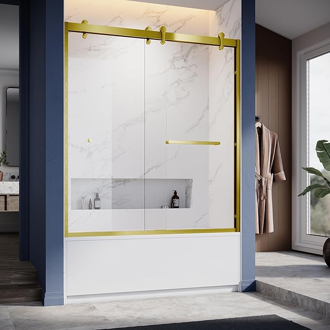 56"-60" W X 66" H Double Sliding Bathtub Door with Frame - Satin Brass Hardware, 8mm Tempered Glass, Stainless Steel Hanger Rollers, Easy-Cleaning Coating, Through-Glass Towel Bar & Knob?